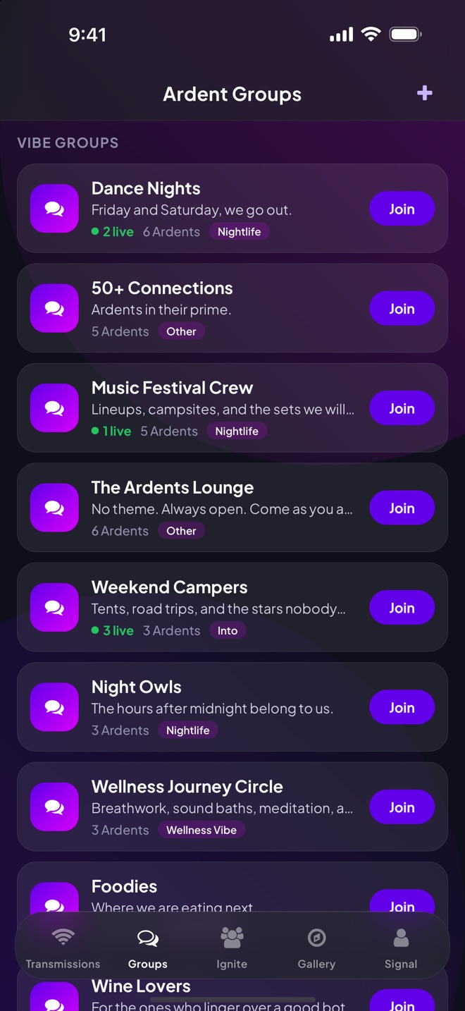 The Ardent Groups list showing how many members are live in each group