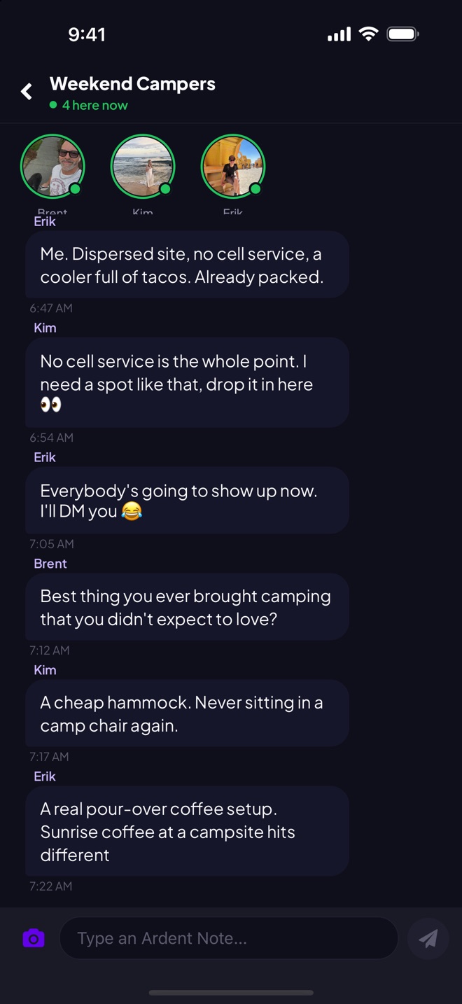 A conversation in the Weekend Campers group